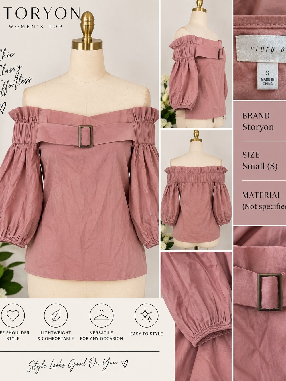 Tory Burch Dusty Rose Off-Shoulder Puff Sleeve Blouse with Buckle